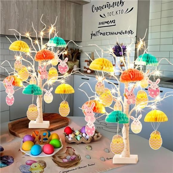 2PK Easter Tree Lights with Honeycomb Bunny & Egg, Battery Powered (2FT, Timer) - Picture 4 of 7